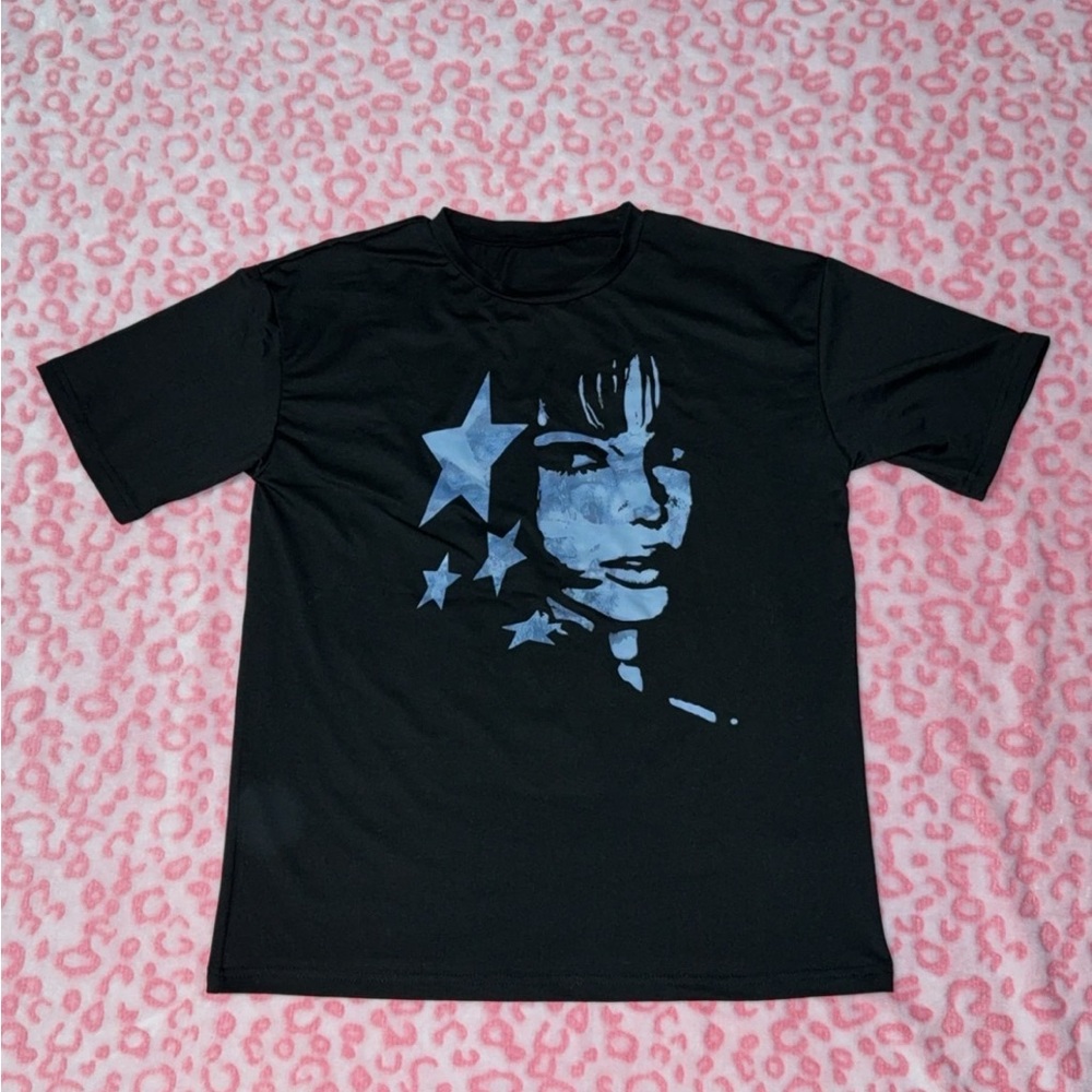 Black Graphic Tee with Blue Star Portrait